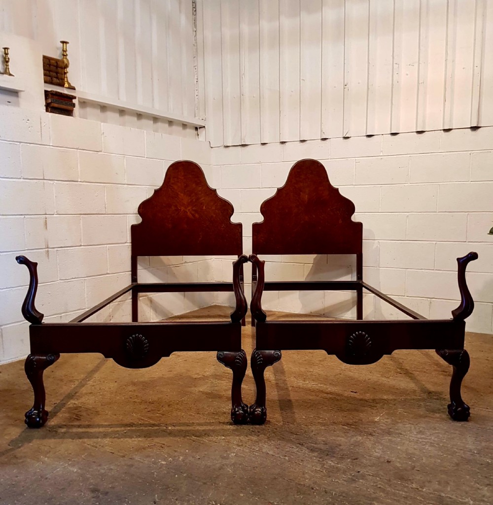ANTIQUE PAIR BURR WALNUT QUEEN ANNE SINGLE BEDS C1920