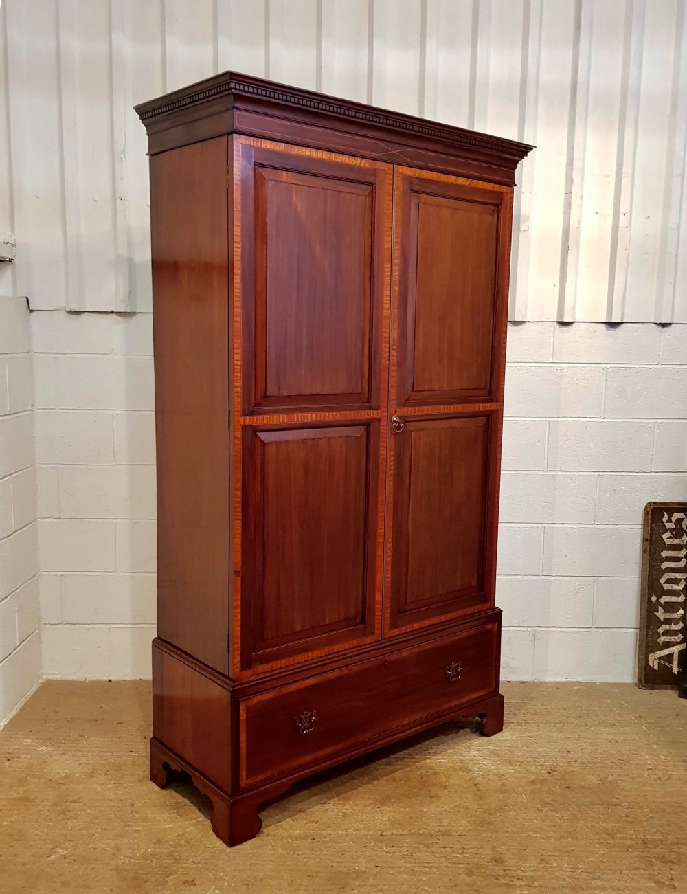 ANTIQUE VICTORIAN REGENCY MAHOGANY & SATINWOOD DOUBLE WARDROBE C1890 View V