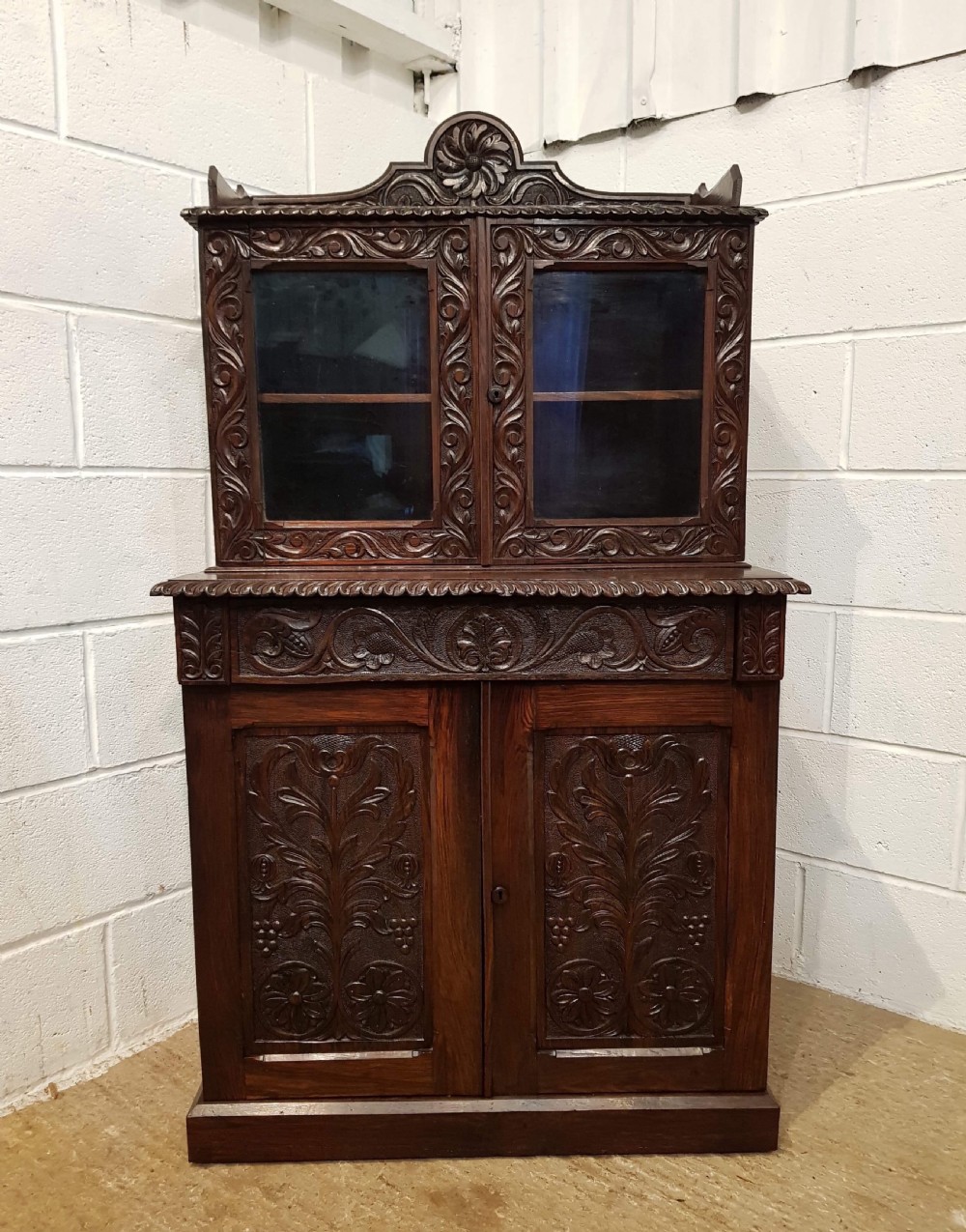 ANTIQUE VICTORIAN SMALL CARVED GOTHIC OAK BOOKCASE ON CUPBOARD C1880 View II