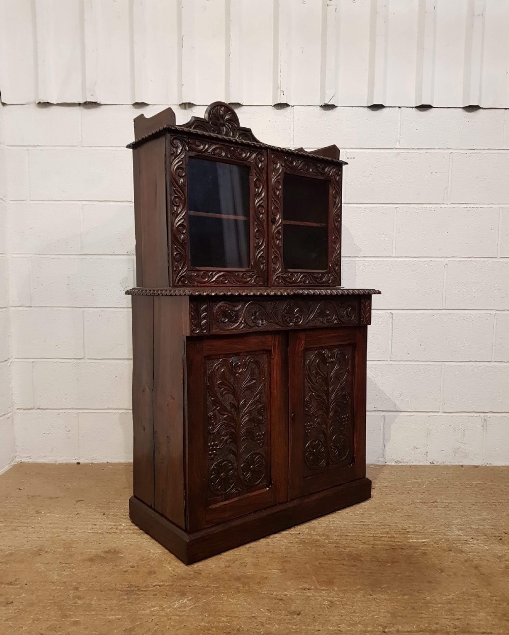 ANTIQUE VICTORIAN SMALL CARVED GOTHIC OAK BOOKCASE ON CUPBOARD C1880 View III
