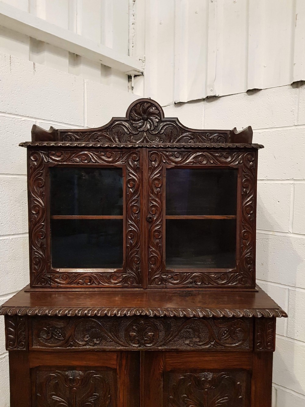 ANTIQUE VICTORIAN SMALL CARVED GOTHIC OAK BOOKCASE ON CUPBOARD C1880 View IV