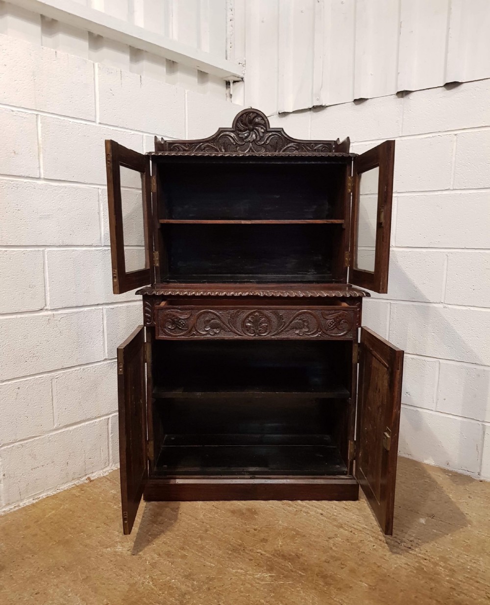 ANTIQUE VICTORIAN SMALL CARVED GOTHIC OAK BOOKCASE ON CUPBOARD C1880 View V
