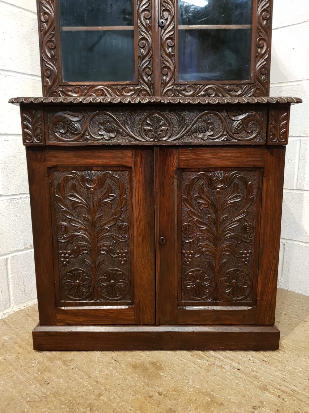 ANTIQUE VICTORIAN SMALL CARVED GOTHIC OAK BOOKCASE ON CUPBOARD C1880 View VI