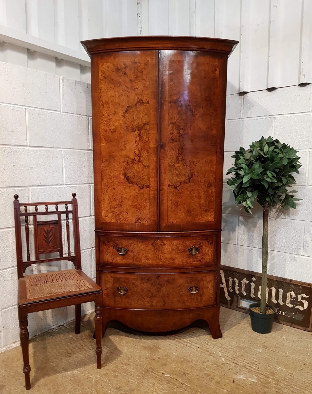 ANTIQUE QUEEN ANNE BURR WALNUT DWARF BOW FRONT WARDROBE C1920