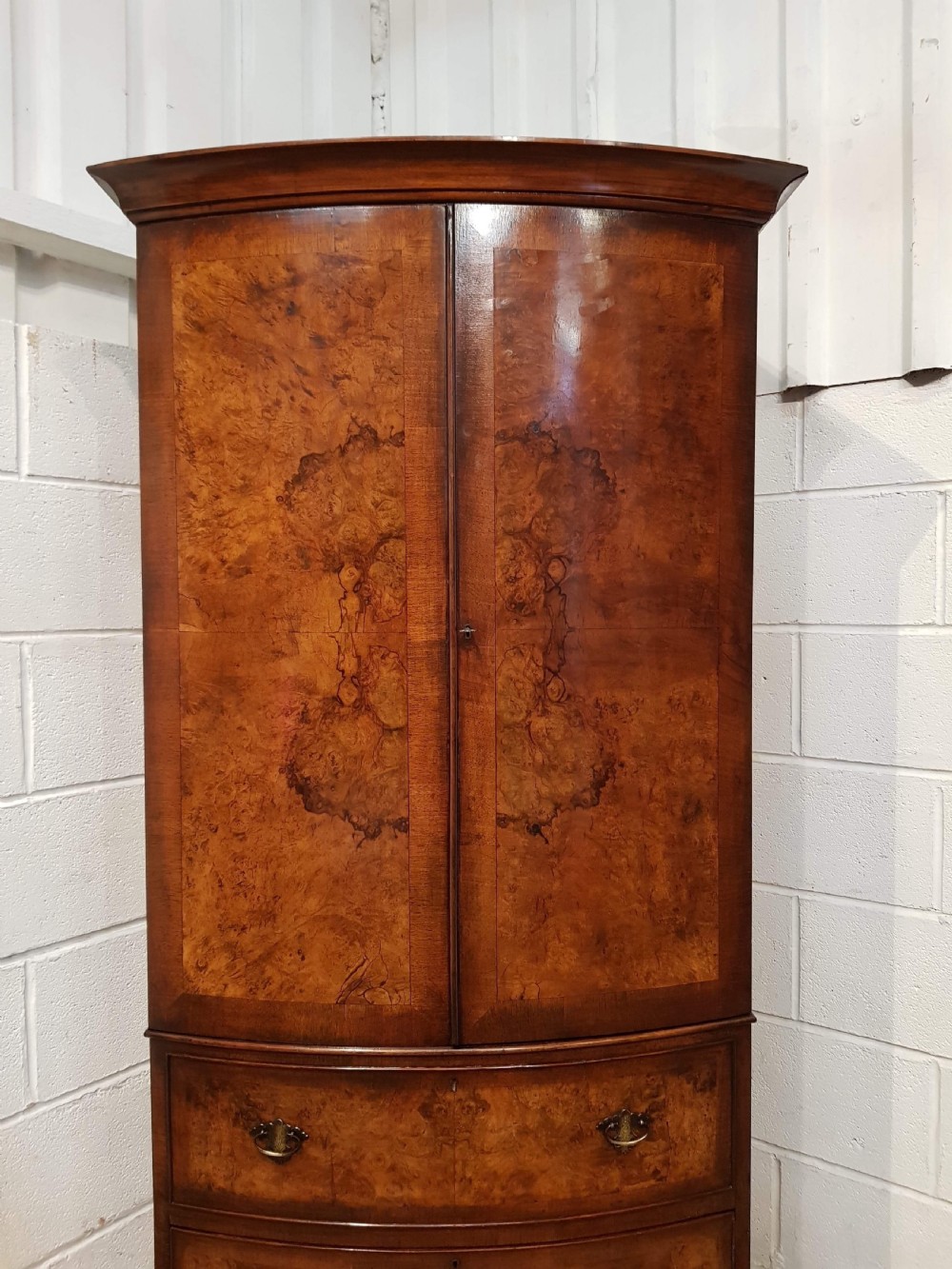 ANTIQUE QUEEN ANNE BURR WALNUT DWARF BOW FRONT WARDROBE C1920 View II