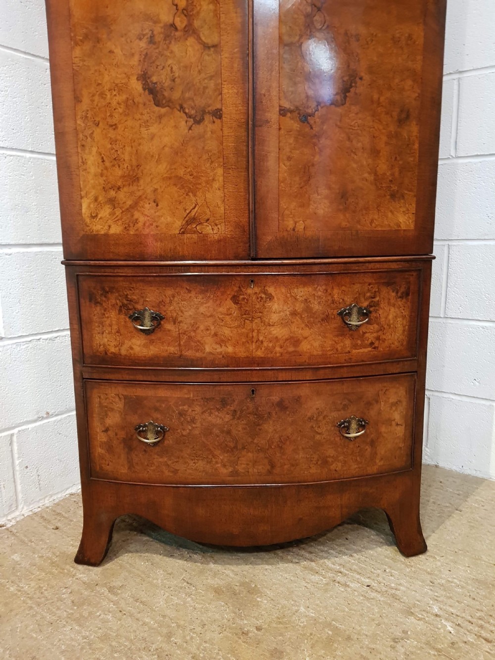 ANTIQUE QUEEN ANNE BURR WALNUT DWARF BOW FRONT WARDROBE C1920 View III