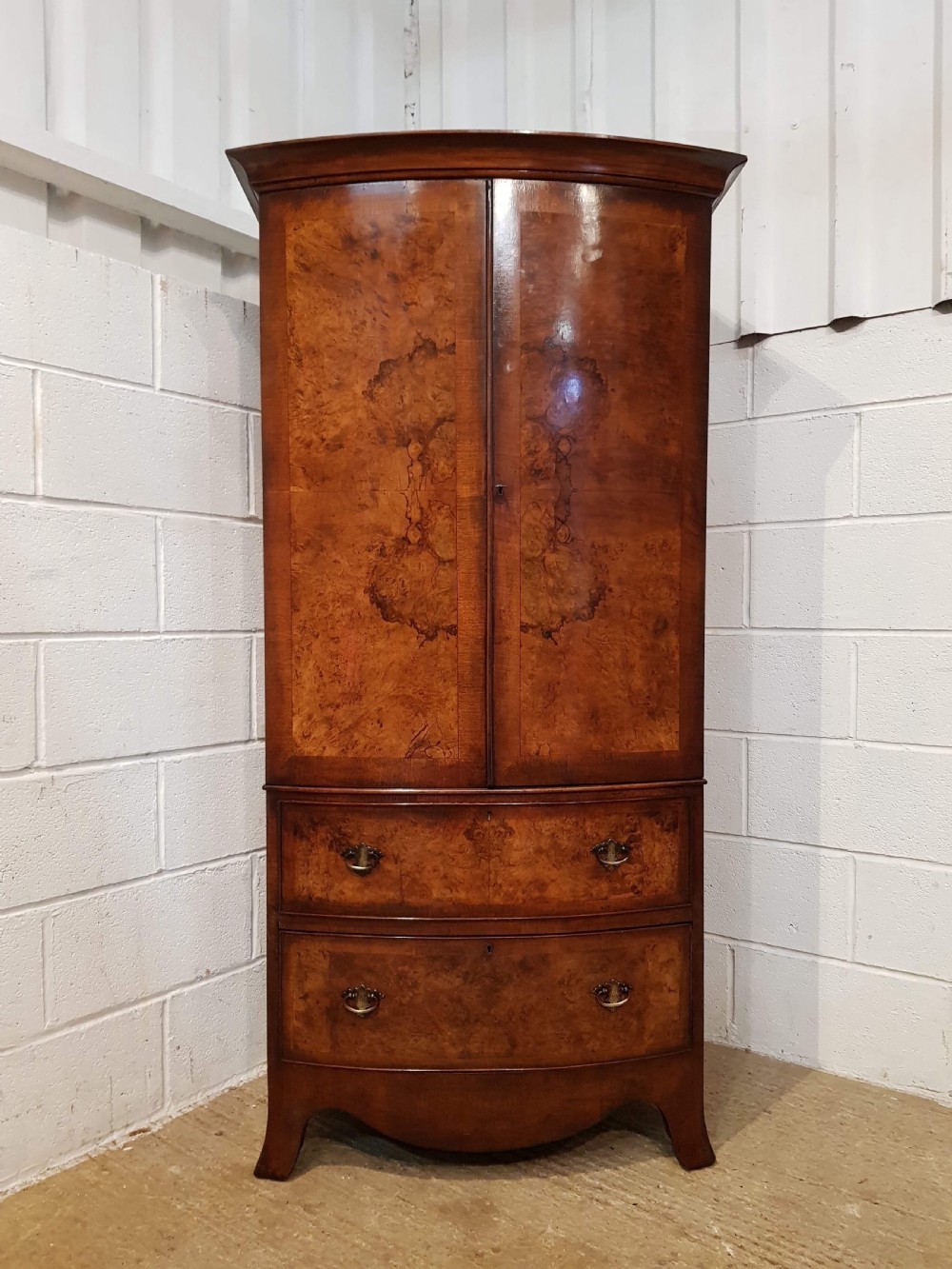 ANTIQUE QUEEN ANNE BURR WALNUT DWARF BOW FRONT WARDROBE C1920 View IV