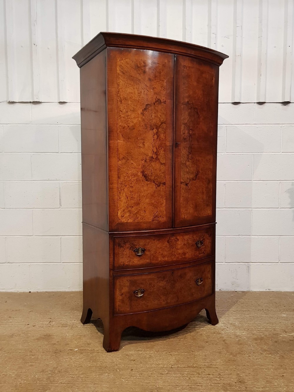 ANTIQUE QUEEN ANNE BURR WALNUT DWARF BOW FRONT WARDROBE C1920 View V