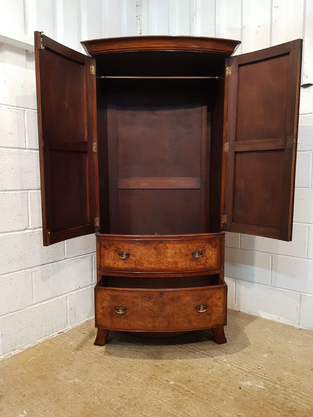 ANTIQUE QUEEN ANNE BURR WALNUT DWARF BOW FRONT WARDROBE C1920 View VI