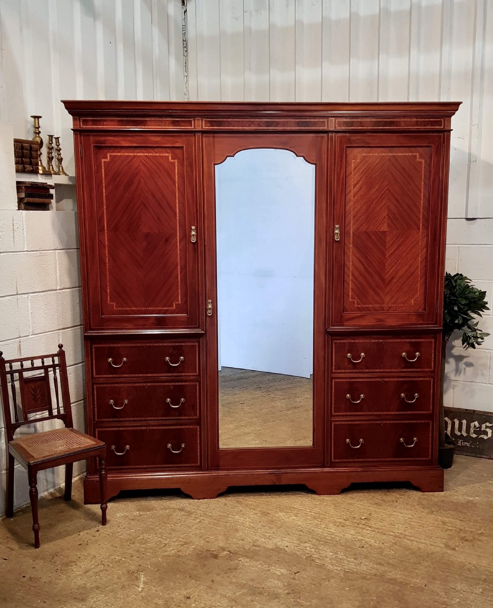 ANTIQUE LATE VICTORIAN MAHOGANY INLAID TRIPLE WARDROBE COMPACTUM BY JAS SCHOOLBRED C1890 View II