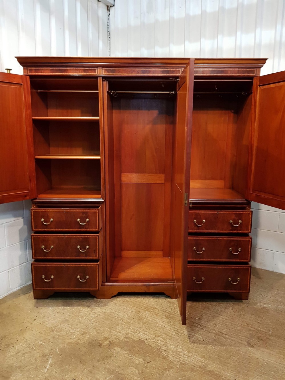 ANTIQUE LATE VICTORIAN MAHOGANY INLAID TRIPLE WARDROBE COMPACTUM BY JAS SCHOOLBRED C1890 View IV
