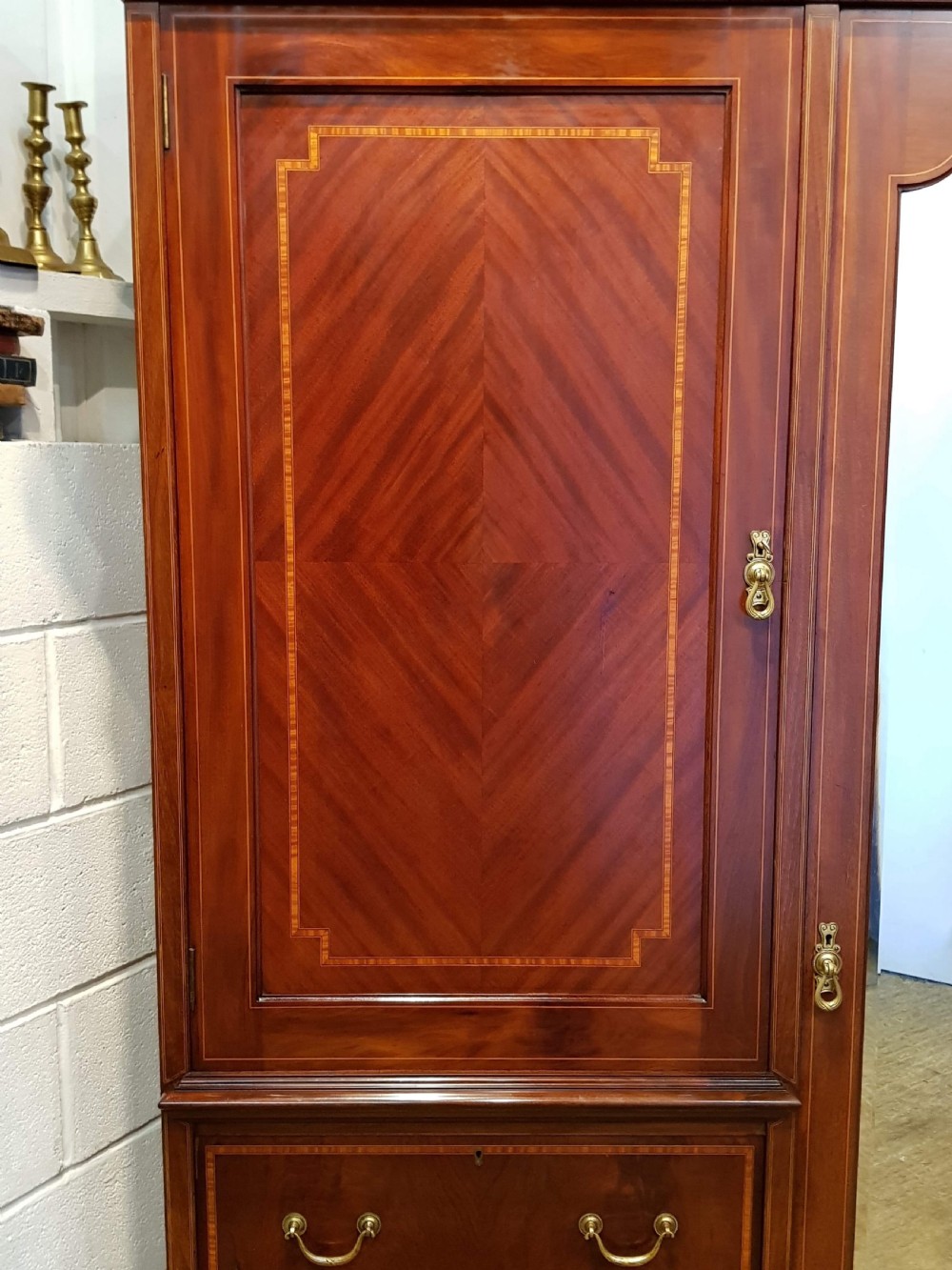 ANTIQUE LATE VICTORIAN MAHOGANY INLAID TRIPLE WARDROBE COMPACTUM BY JAS SCHOOLBRED C1890 View X