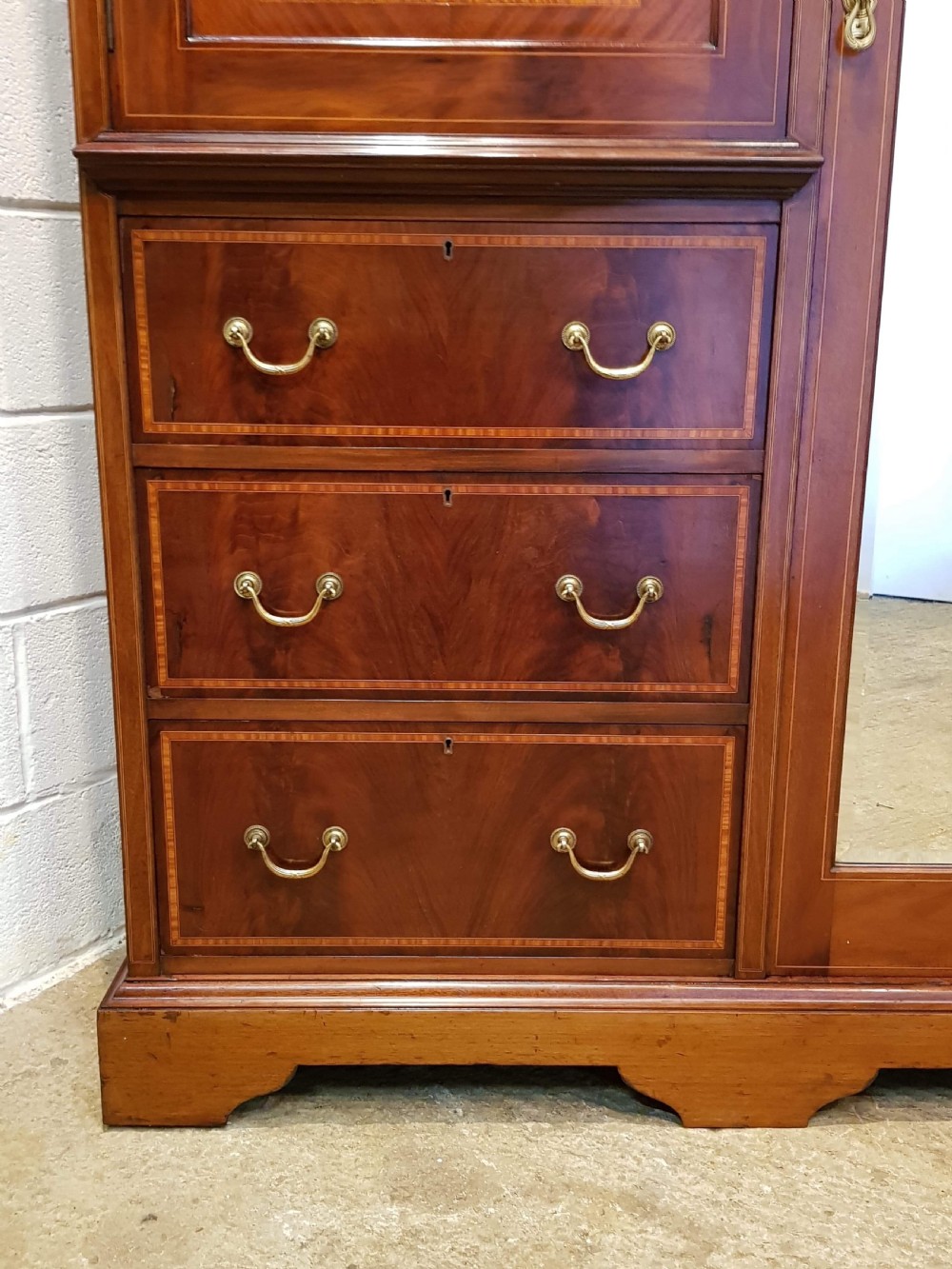 ANTIQUE LATE VICTORIAN MAHOGANY INLAID TRIPLE WARDROBE COMPACTUM BY JAS SCHOOLBRED C1890 View XI