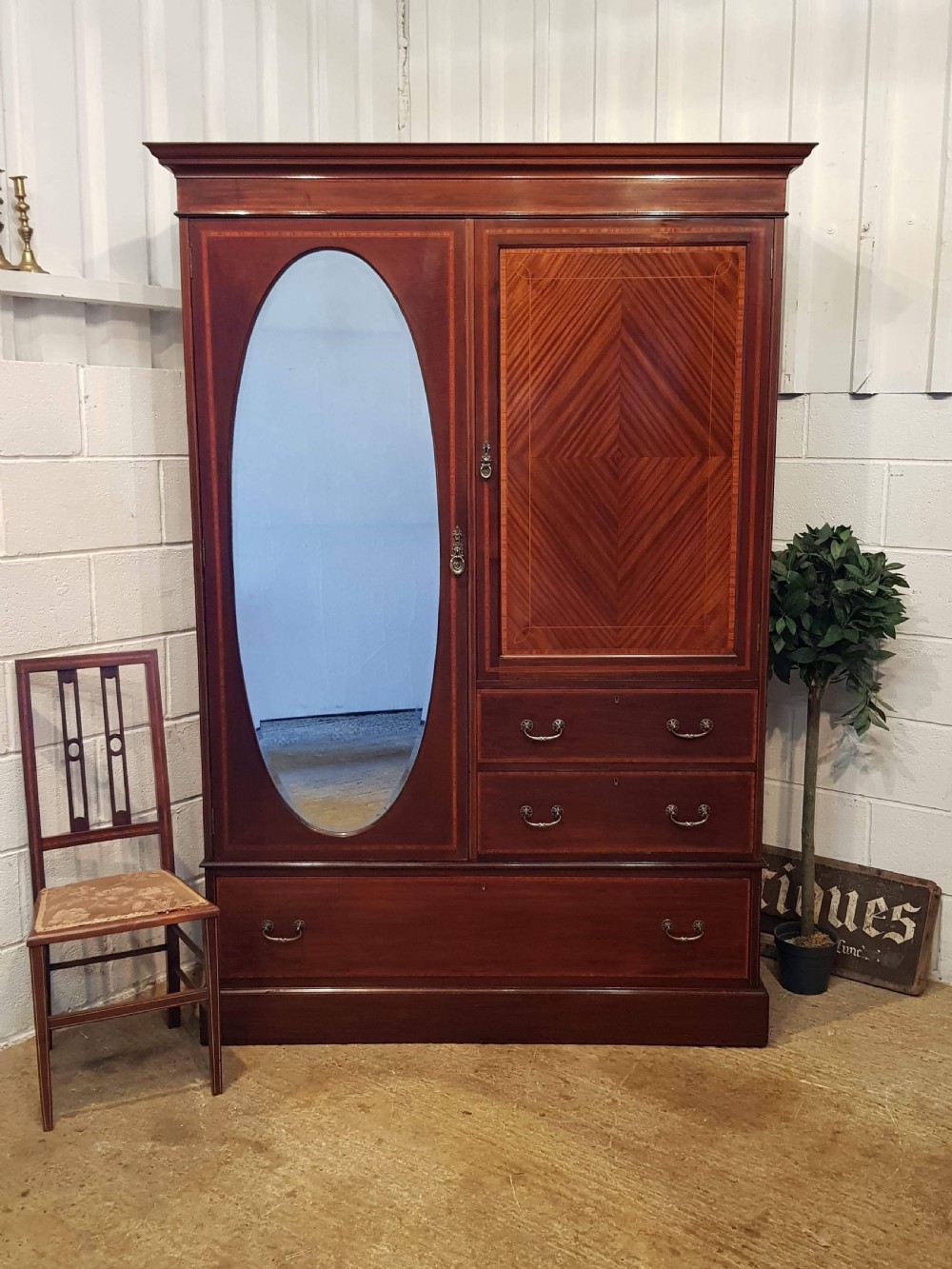 ANTIQUE EDWARDIAN MAHOGANY INLAID COMBINATION WARDROBE C1900