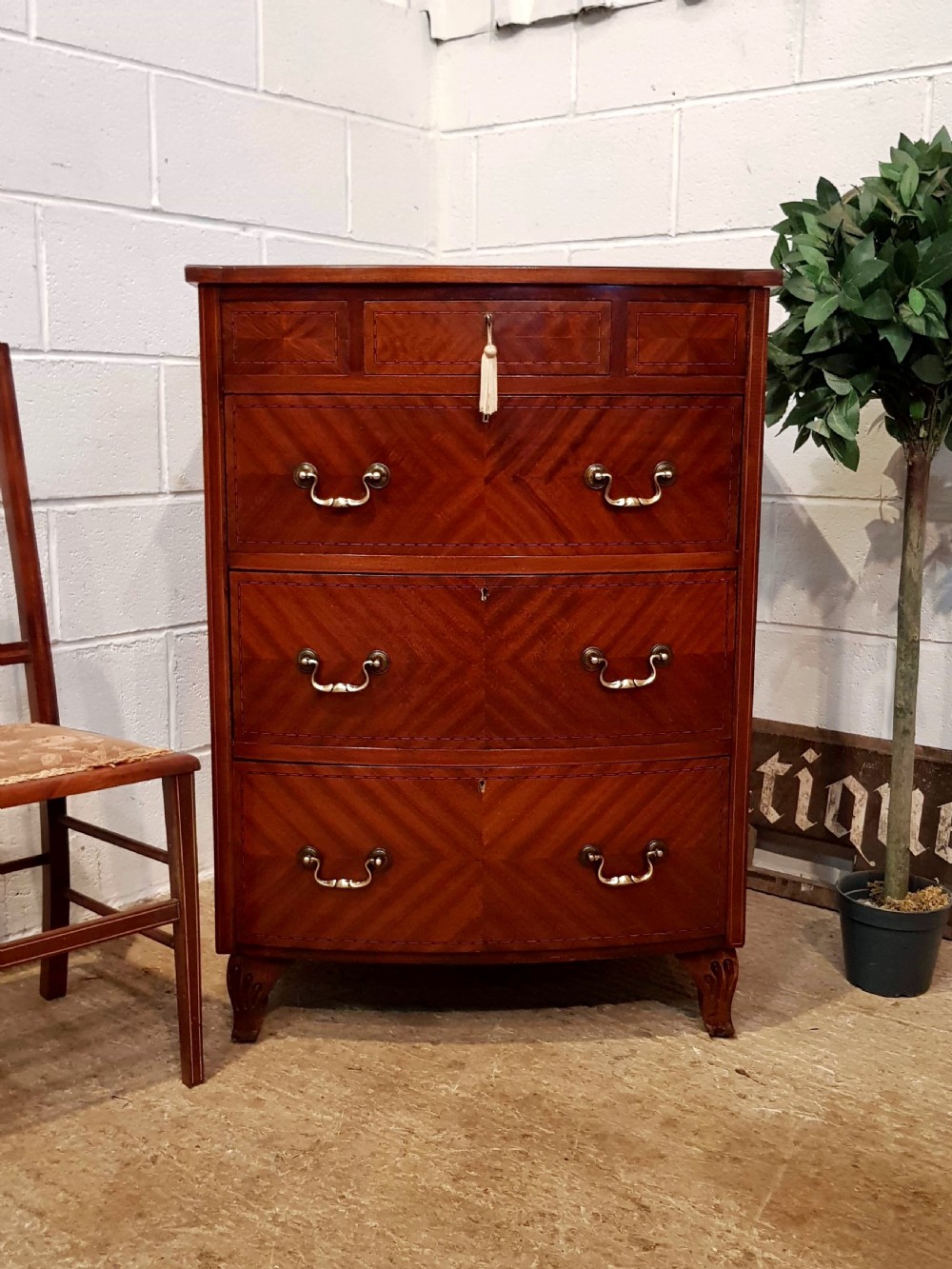 ANTIQUE EDWARDIAN MAHOGANY NARROW BOW FRONT CHEST OF DRAWERS C1900