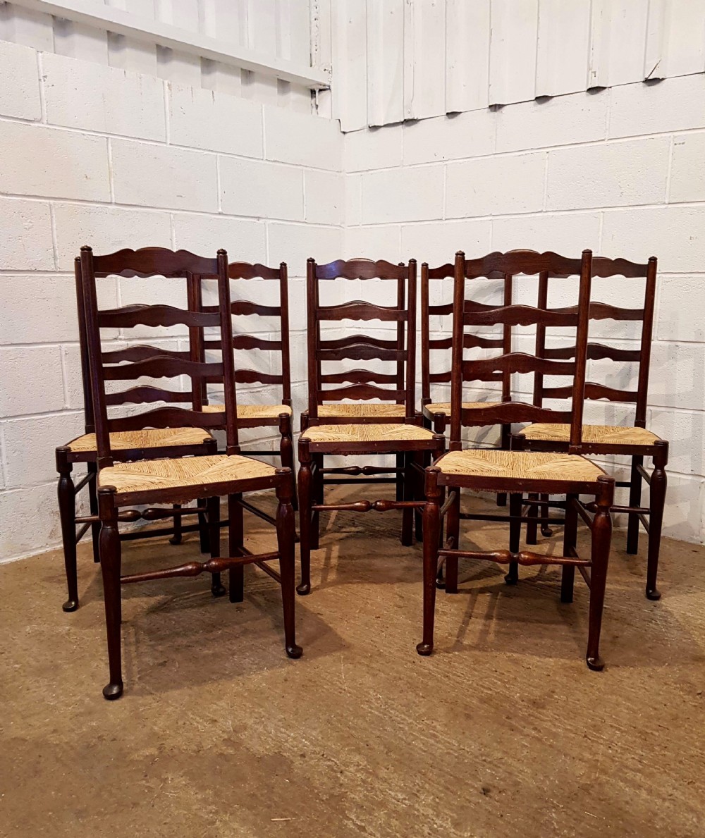 ANTIQUE SET EIGHT OAK LADDER BACK DINING CHAIRS WITH RUSH SEATS C1910 View II