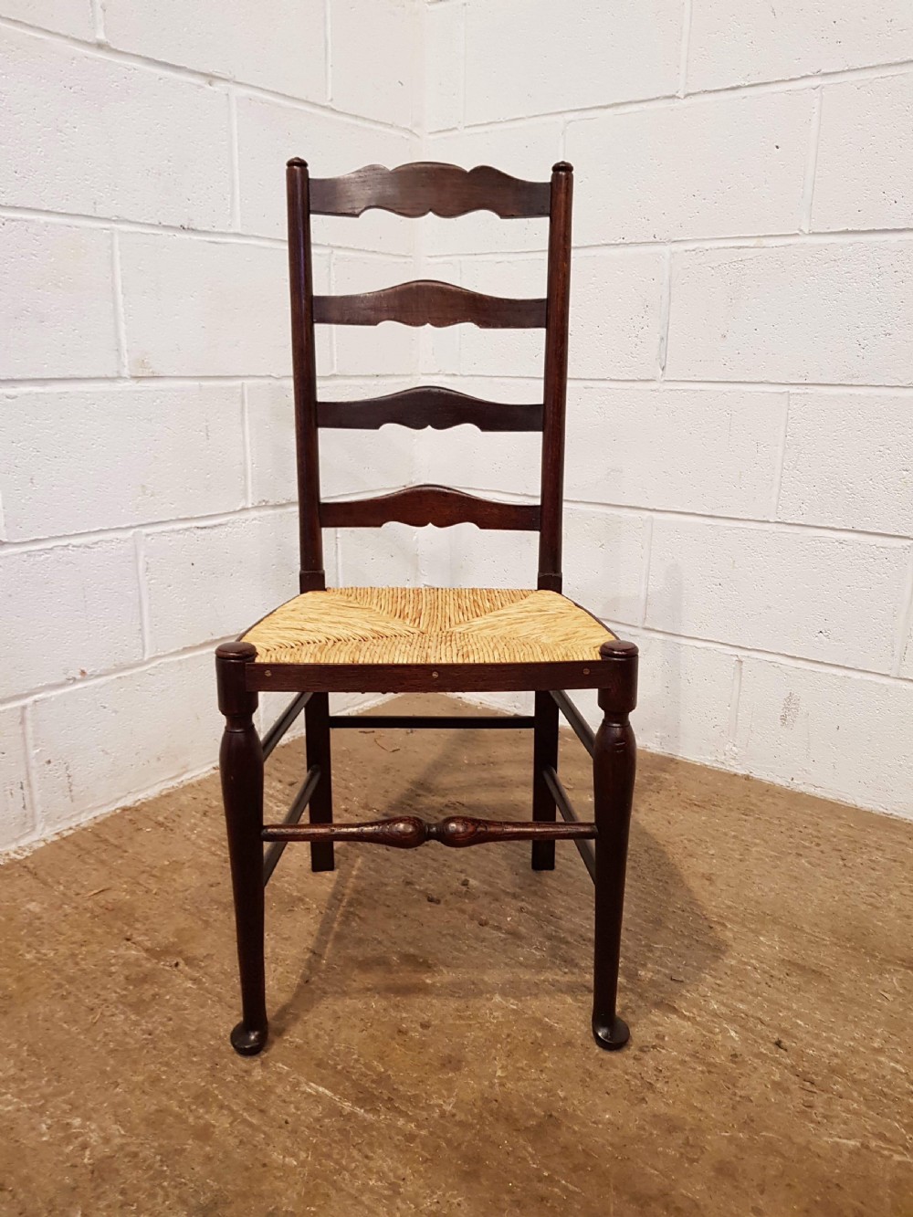 ANTIQUE SET EIGHT OAK LADDER BACK DINING CHAIRS WITH RUSH SEATS C1910 View IV
