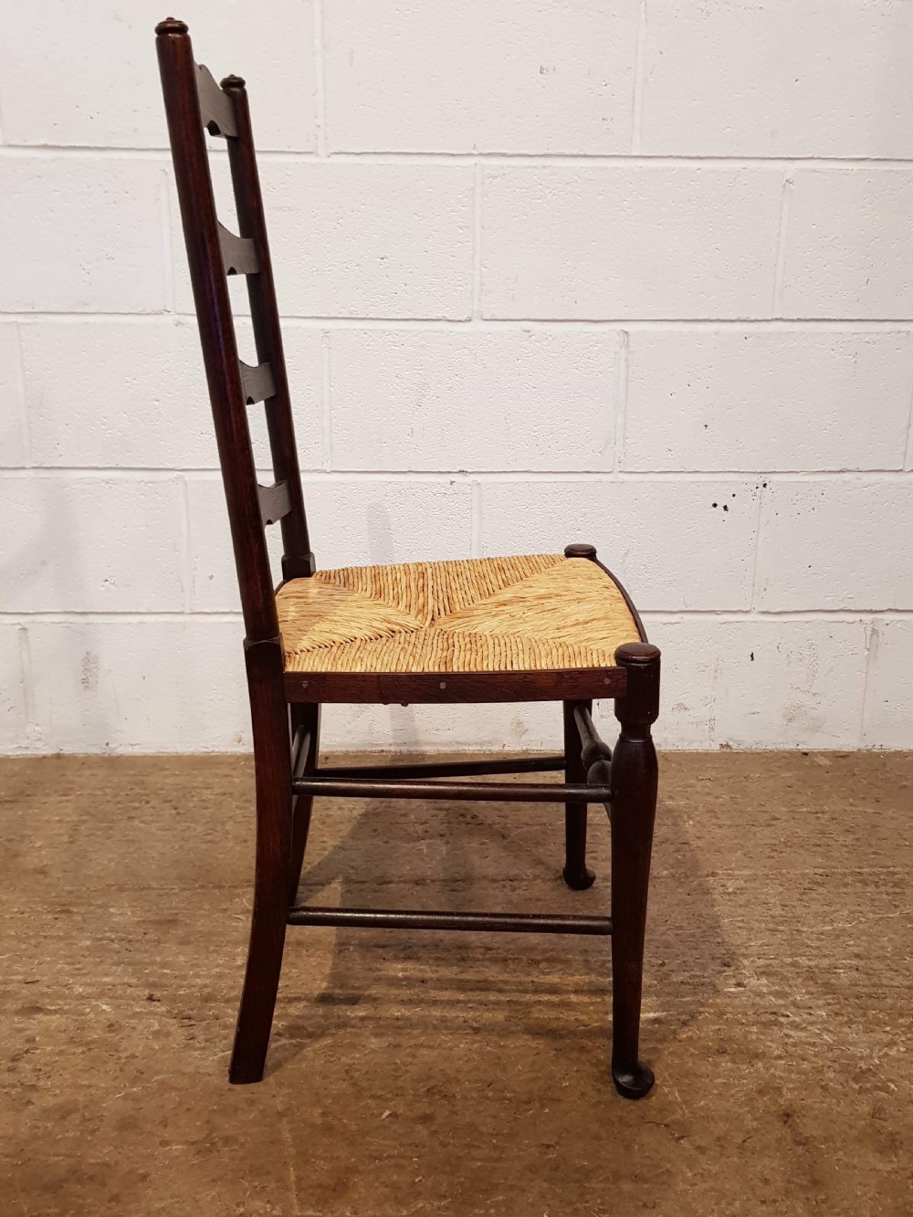 ANTIQUE SET EIGHT OAK LADDER BACK DINING CHAIRS WITH RUSH SEATS C1910 View V