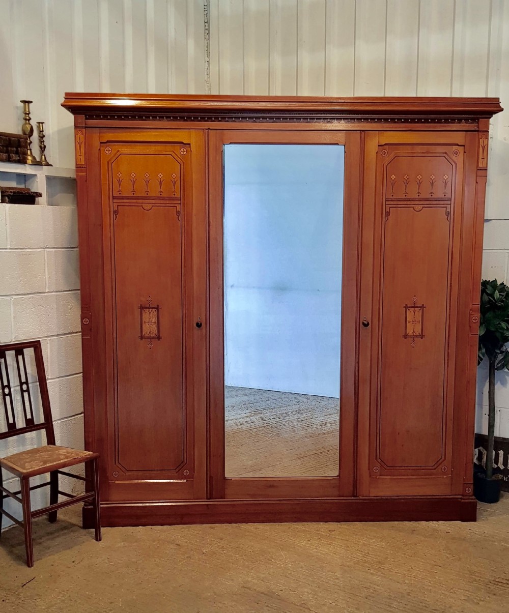 ANTIQUE ARTS & CRAFTS WALNUT INLAID TRIPLE WARDROBE COMPACTUM C1890 View VI