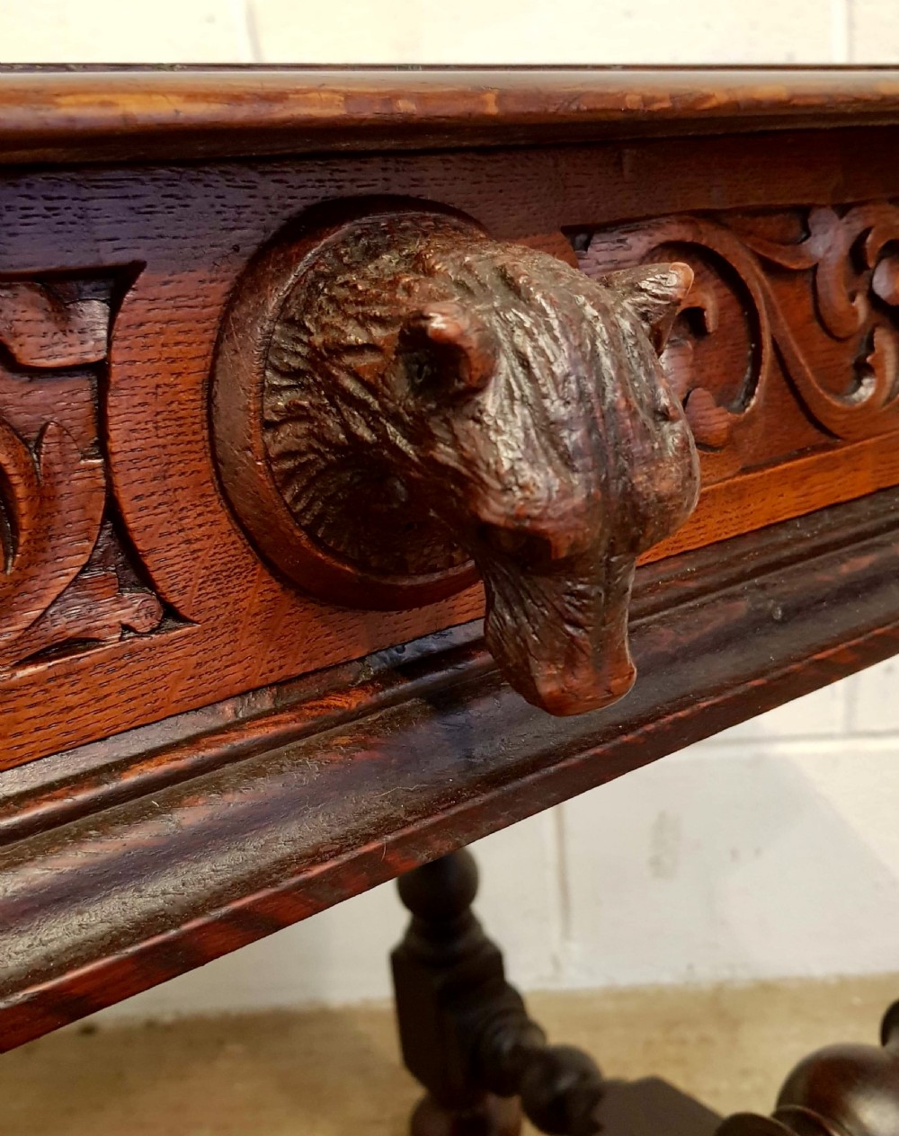 ANTIQUE 19TH CENTURY BLACK FOREST CARVED OAK TABLE WITH BEAR HANDLE C1890 View II