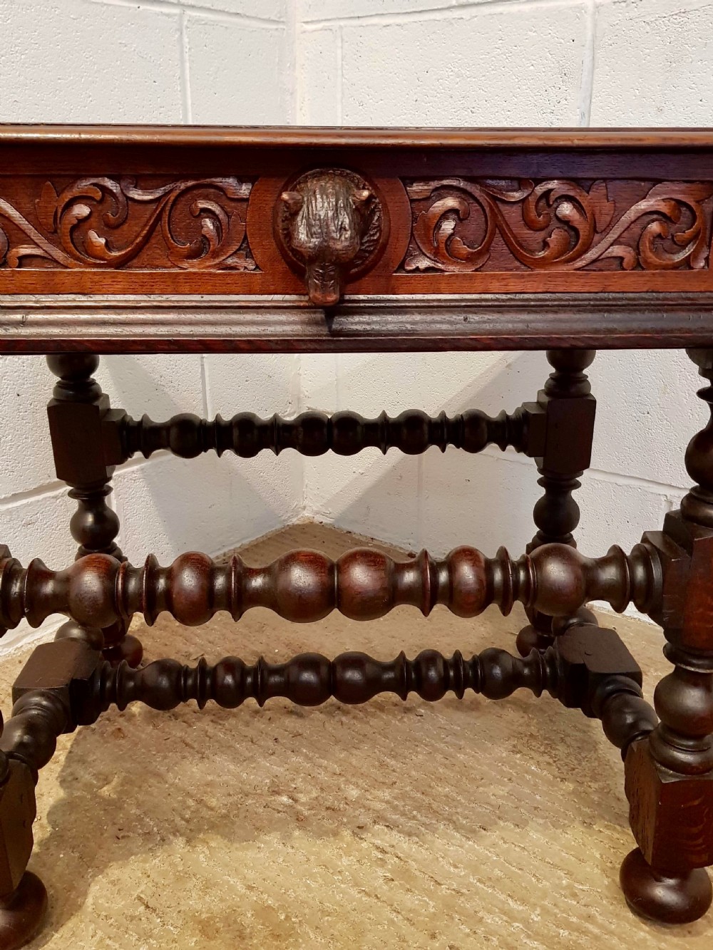 ANTIQUE 19TH CENTURY BLACK FOREST CARVED OAK TABLE WITH BEAR HANDLE C1890 View V