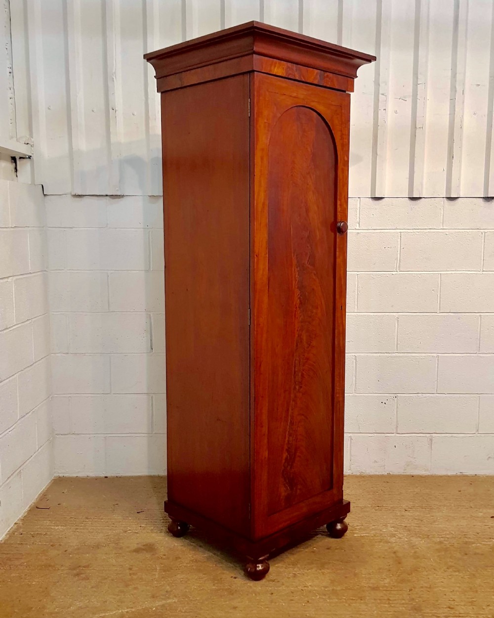 ANTIQUE PAIR VICTORIAN FLAMED MAHOGANY SENTRY SINGLE WARDROBES C1880 View II