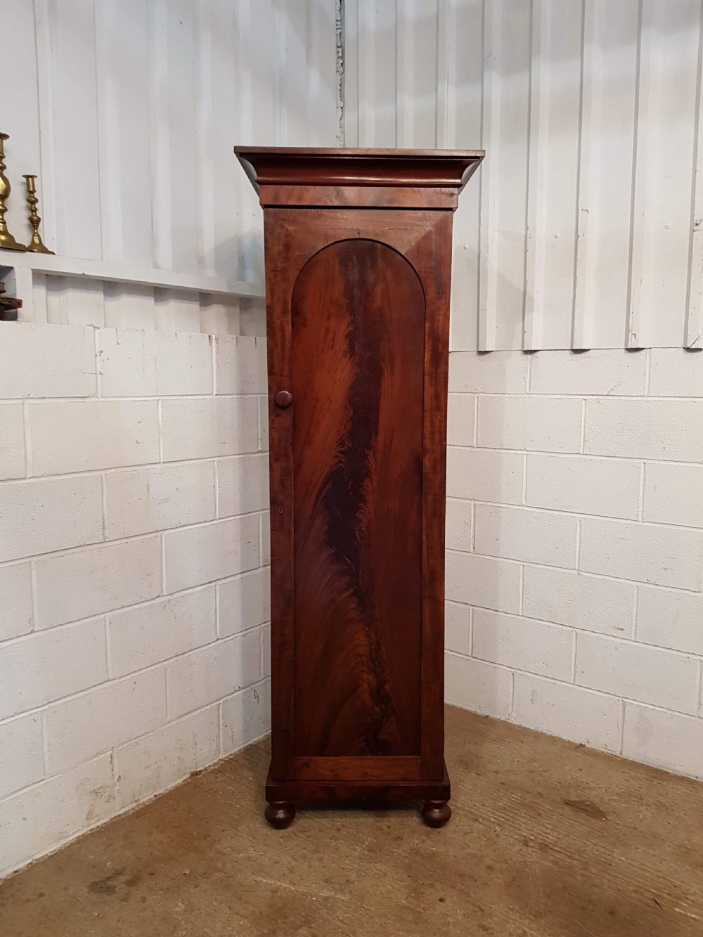 ANTIQUE PAIR VICTORIAN FLAMED MAHOGANY SENTRY SINGLE WARDROBES C1880 View III
