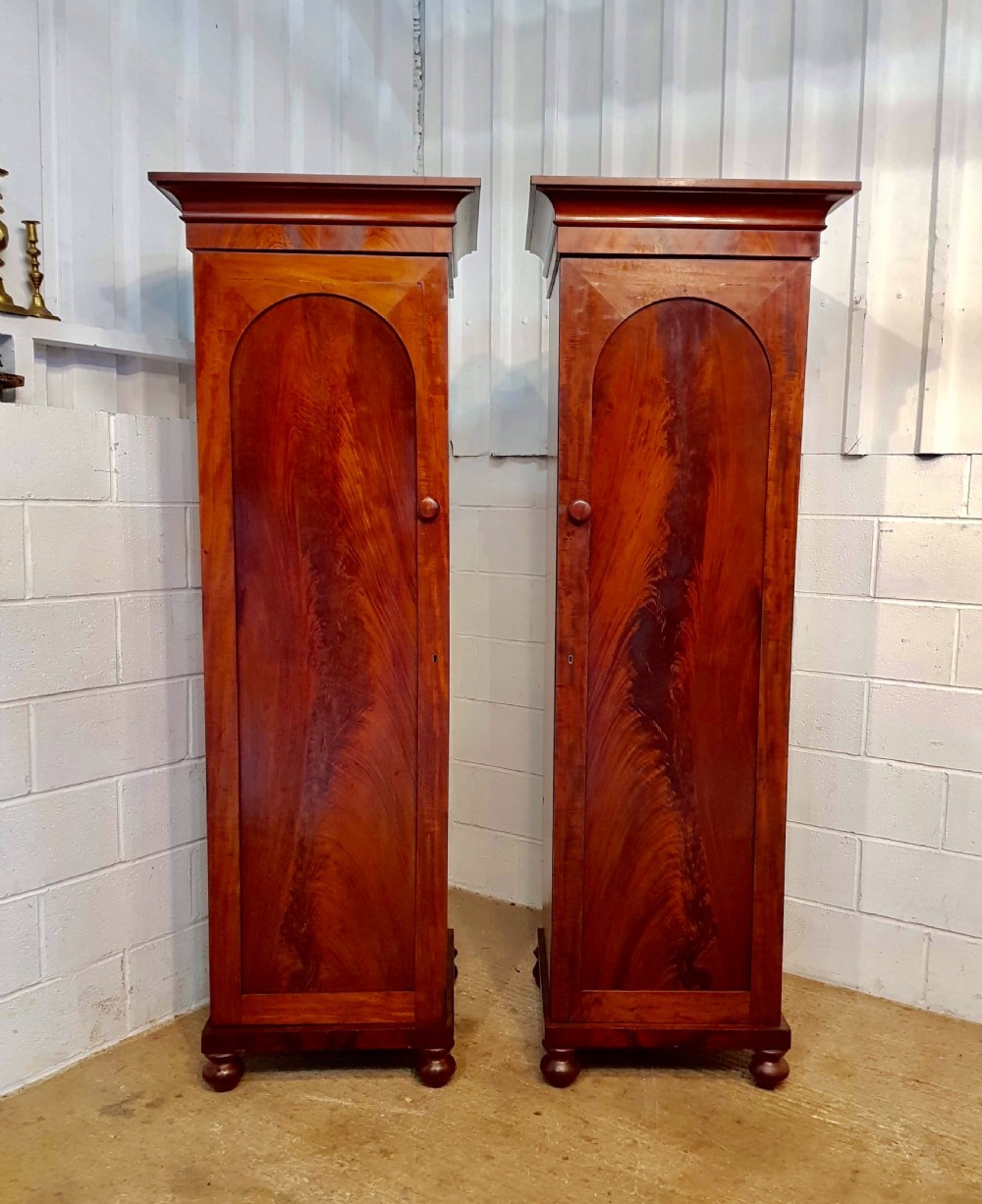 ANTIQUE PAIR VICTORIAN FLAMED MAHOGANY SENTRY SINGLE WARDROBES C1880 View IV