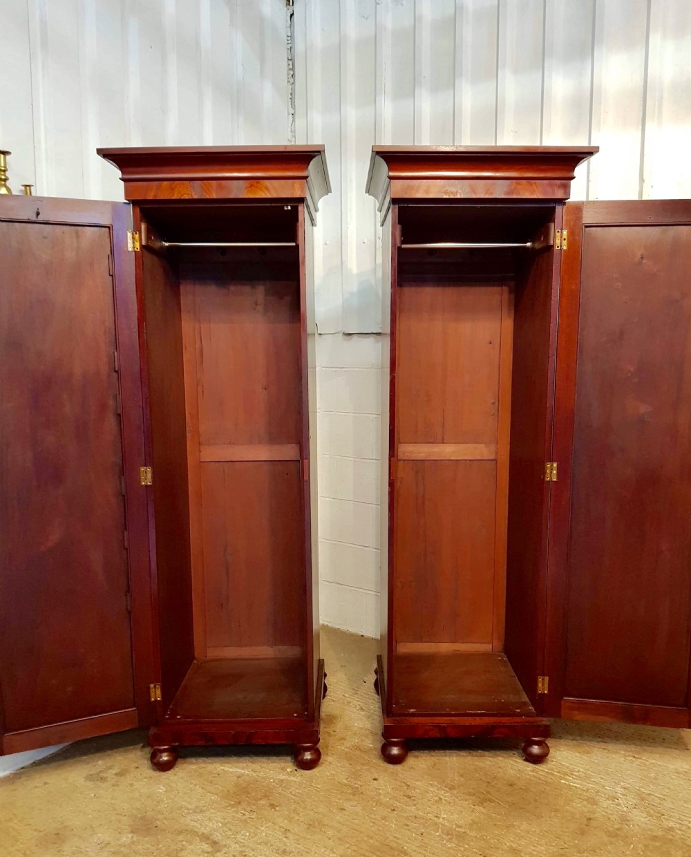 ANTIQUE PAIR VICTORIAN FLAMED MAHOGANY SENTRY SINGLE WARDROBES C1880 View V