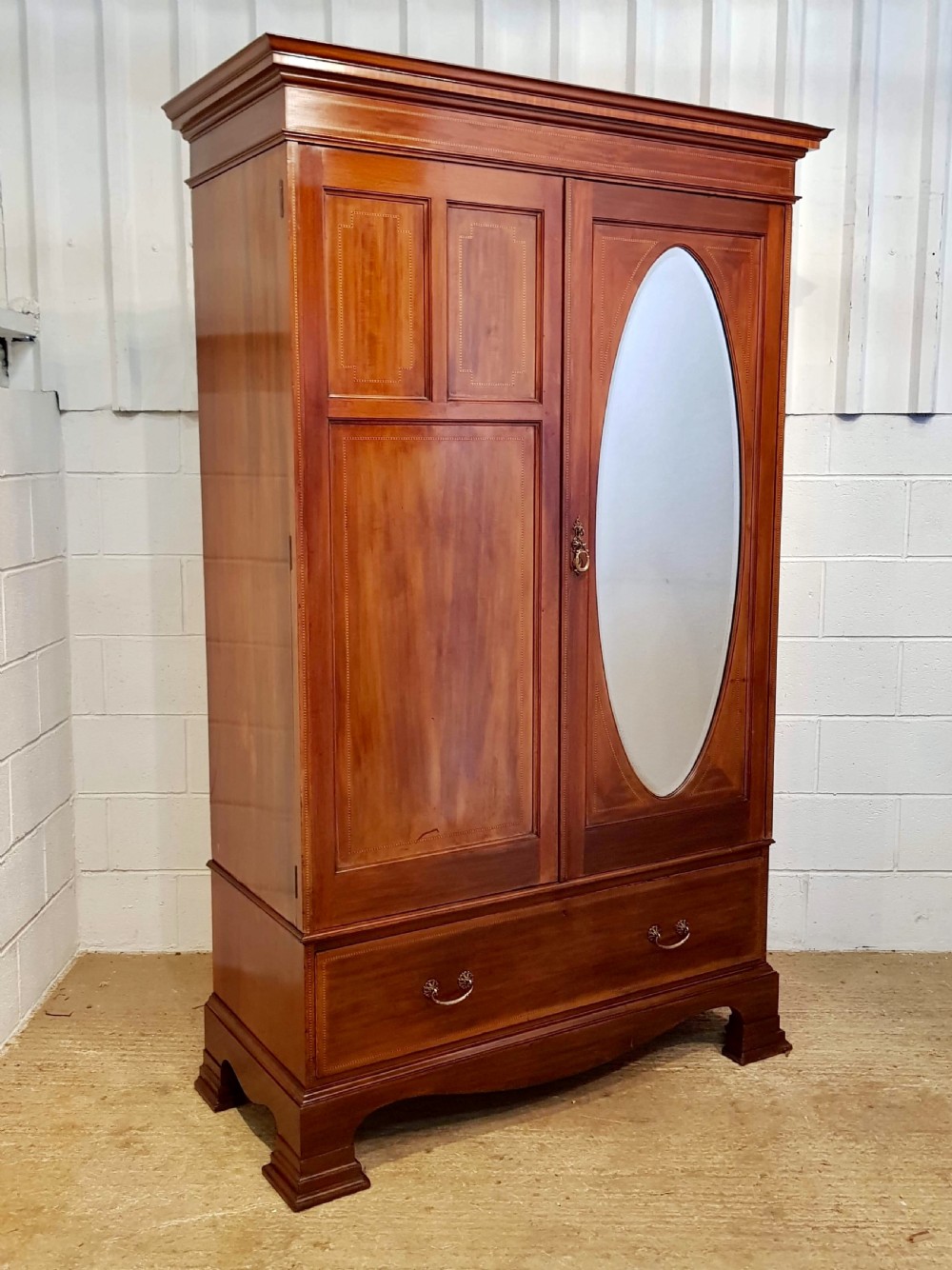 ANTIQUE LATE VICTORIAN INLAID MAHOGANY DOUBLE WARDROBE C1890