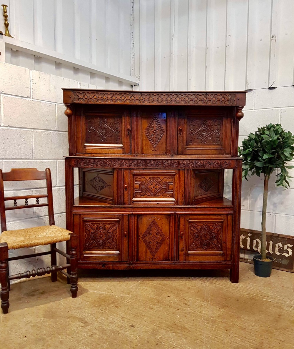 ANTIQUE 18TH CENTURY CARVED OAK TRIDARN COURT CUPBOARD c1750 View VI
