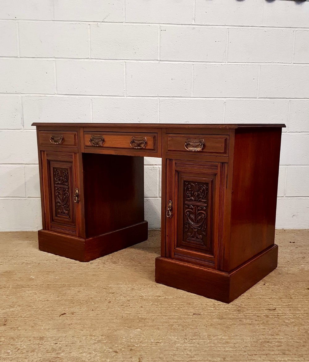 ANTIQUE EDWARDIAN WALNUT TWIN PEDESTAL LEATHER TOP DESK C1900 View II