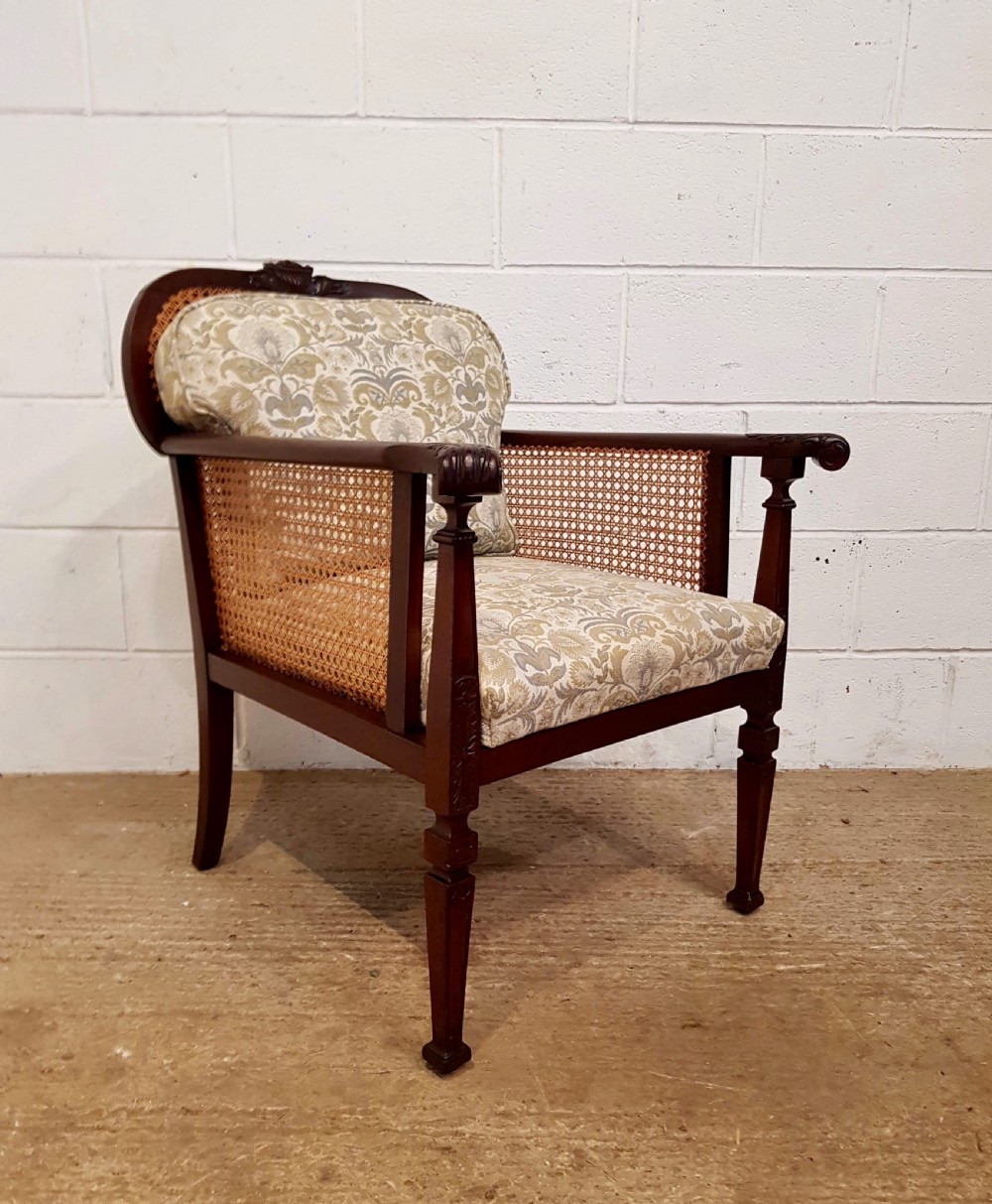 ANTIQUE EDWARDIAN MAHOGANY BERGERE LIBRARY CHAIR C1900