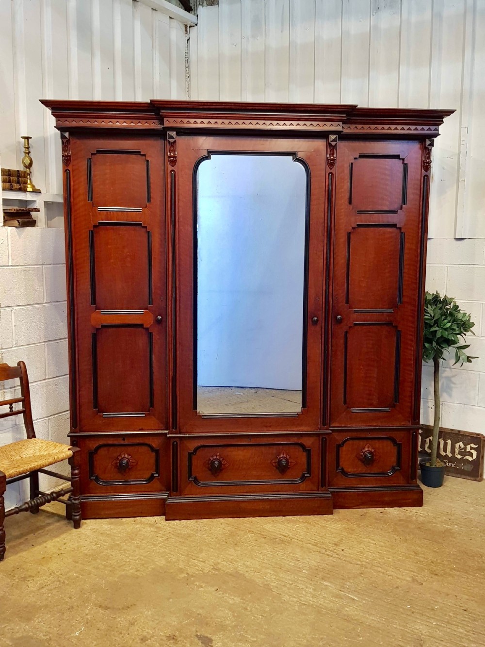ANTIQUE AESTHETIC MAHOGANY & EBONY TRIPLE BREAKFRONT WARDROBE COMPACTUM C1890