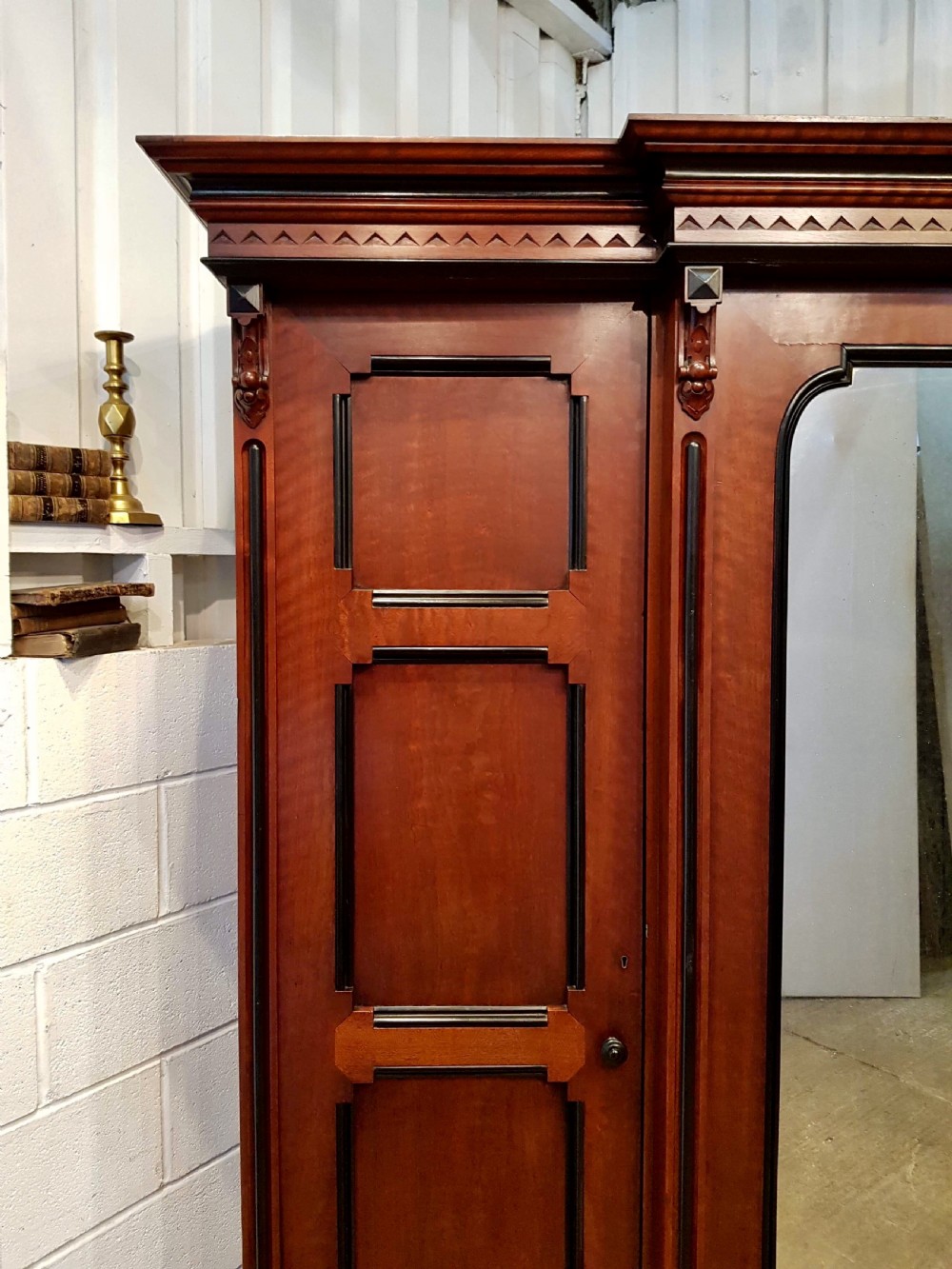 ANTIQUE AESTHETIC MAHOGANY & EBONY TRIPLE BREAKFRONT WARDROBE COMPACTUM C1890 View III