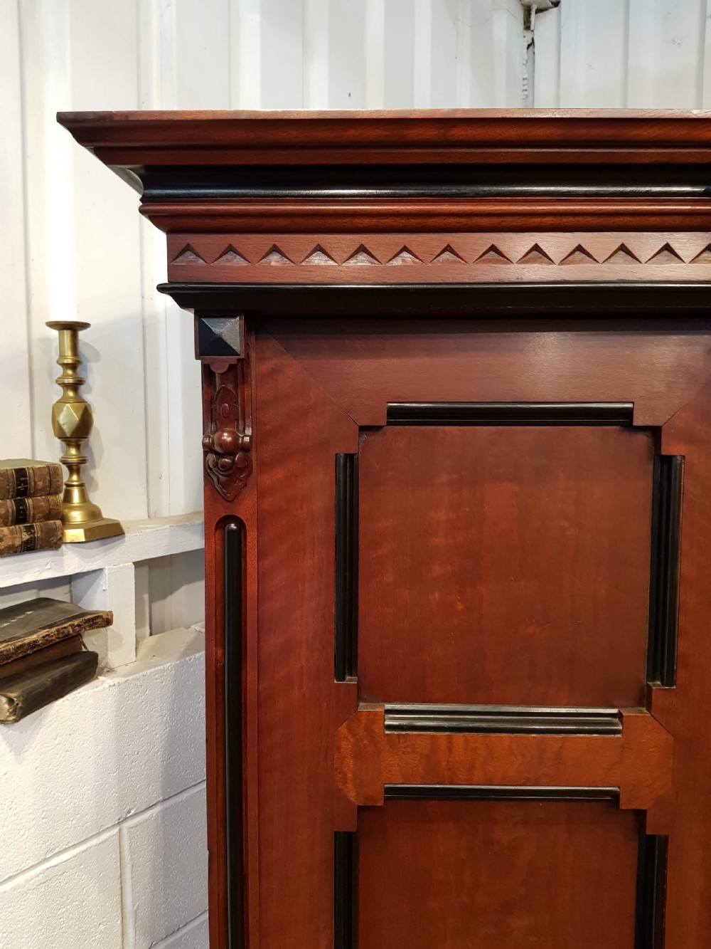 ANTIQUE AESTHETIC MAHOGANY & EBONY TRIPLE BREAKFRONT WARDROBE COMPACTUM C1890 View IV