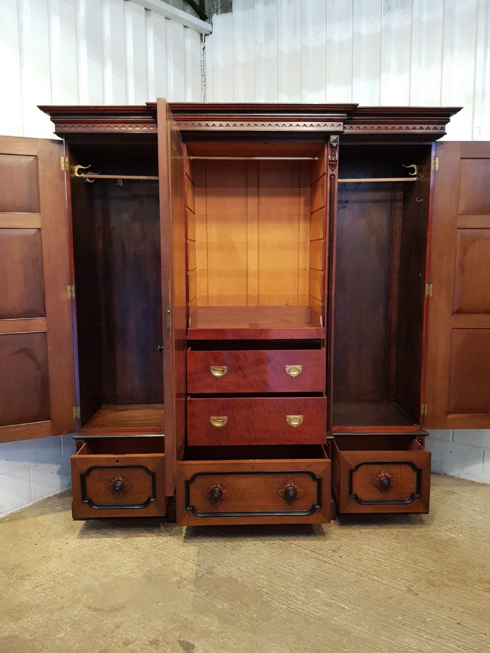ANTIQUE AESTHETIC MAHOGANY & EBONY TRIPLE BREAKFRONT WARDROBE COMPACTUM C1890 View VII