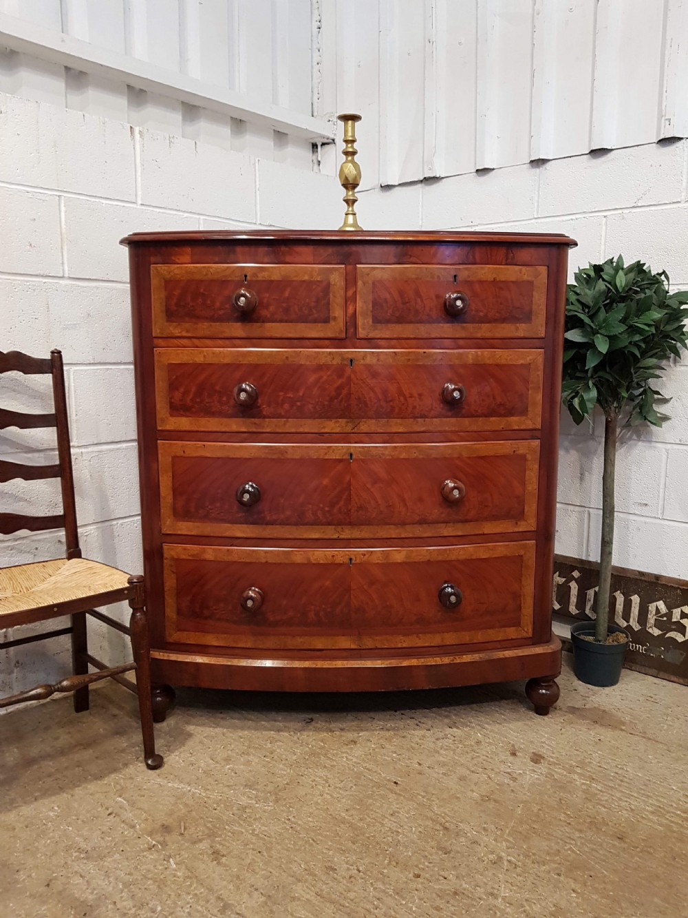ANTIQUE VICTORIAN MAHOGANY & BURR WALNUT BOW FRONT CHEST OF DRAWERS C1880