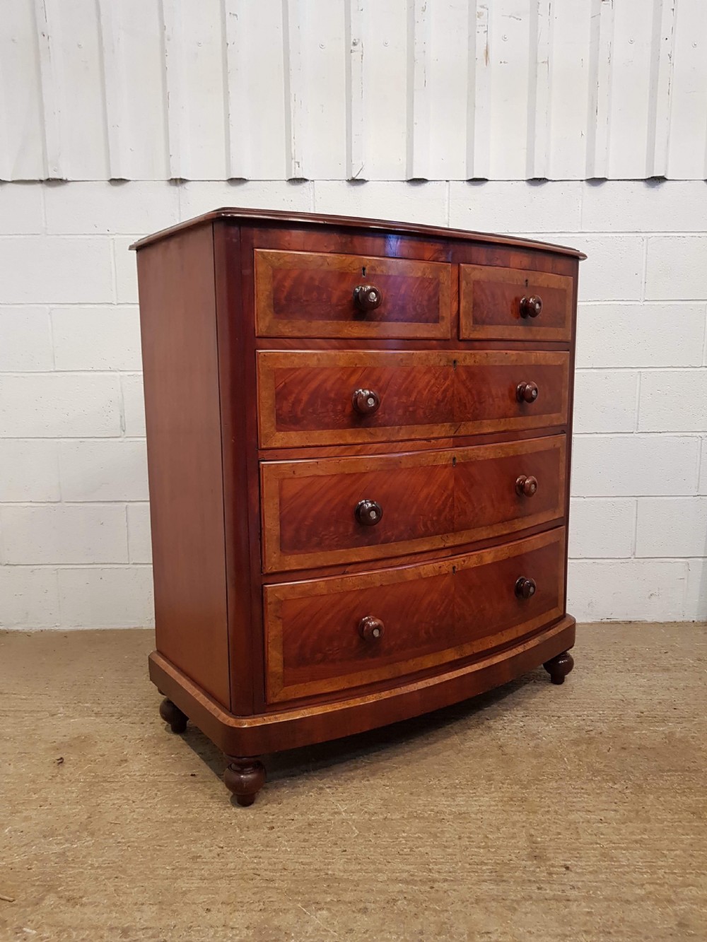 ANTIQUE VICTORIAN MAHOGANY & BURR WALNUT BOW FRONT CHEST OF DRAWERS C1880 View IV