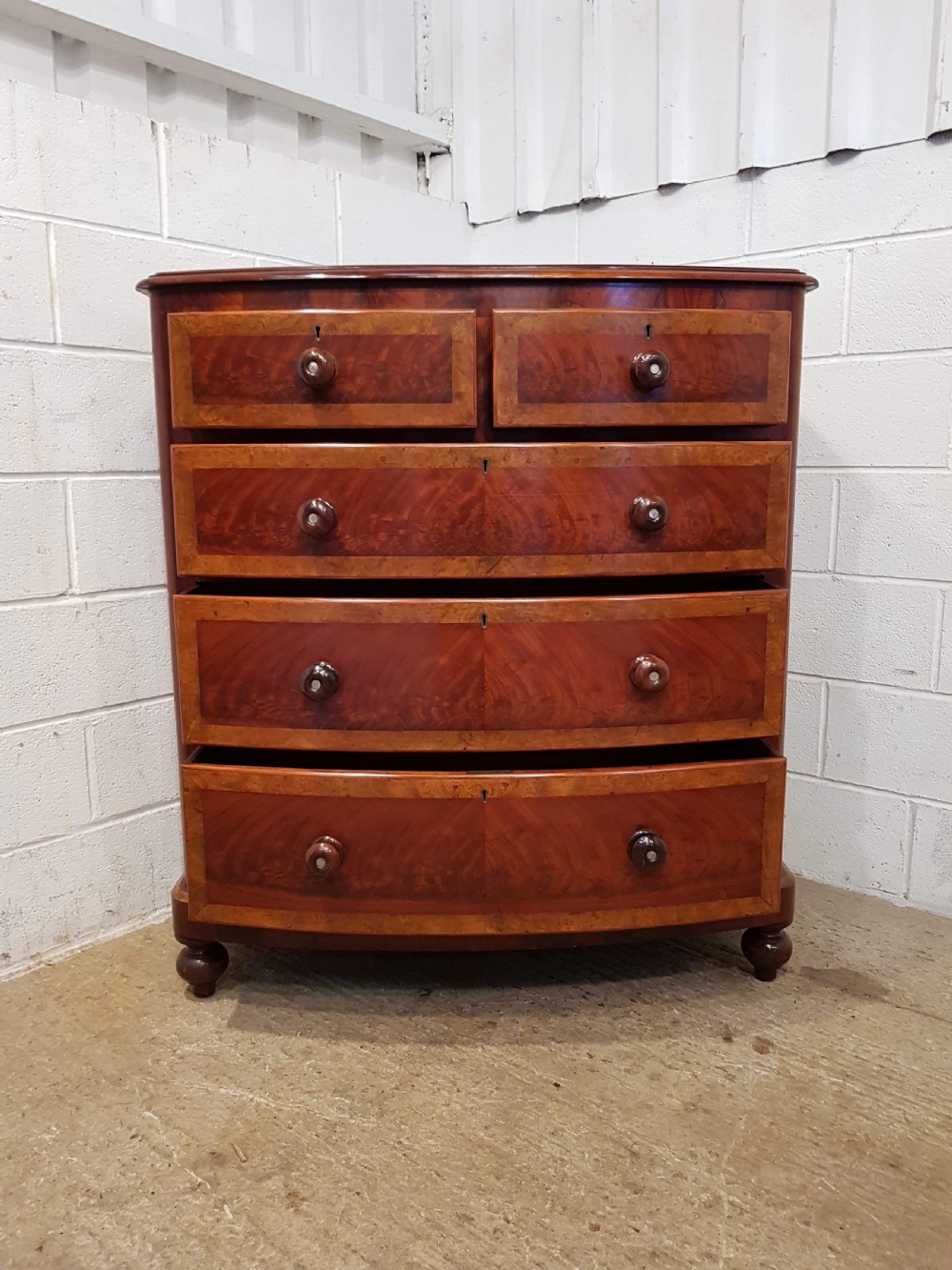 ANTIQUE VICTORIAN MAHOGANY & BURR WALNUT BOW FRONT CHEST OF DRAWERS C1880 View VII