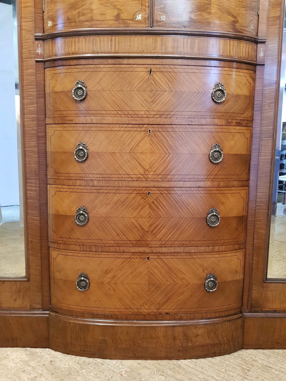 ANTIQUE EDWARDIAN INLAID SATIN WALNUT BOWED BREAKFRONT TRIPLE WARDROBE C1900 View II