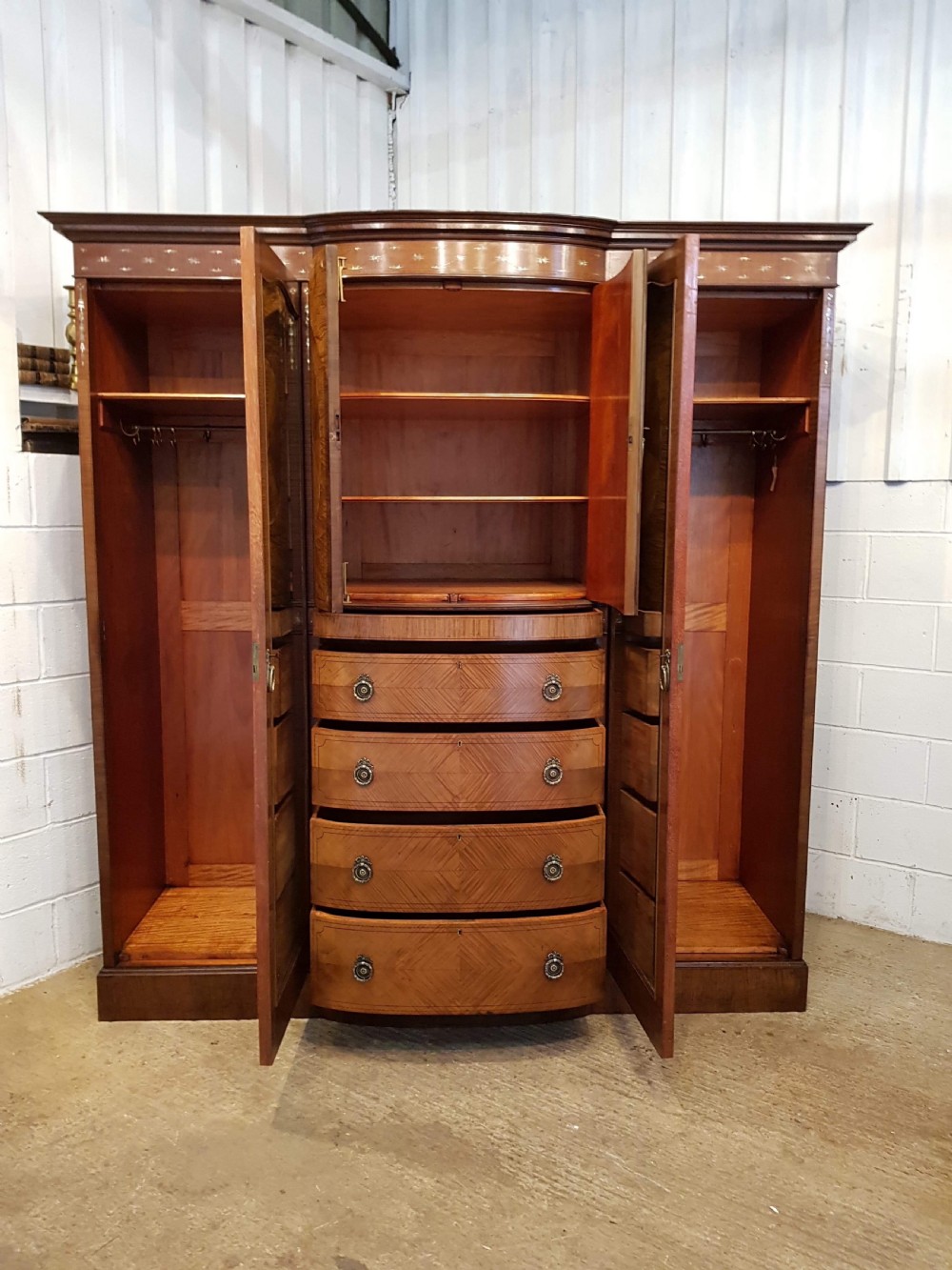 ANTIQUE EDWARDIAN INLAID SATIN WALNUT BOWED BREAKFRONT TRIPLE WARDROBE C1900 View IV