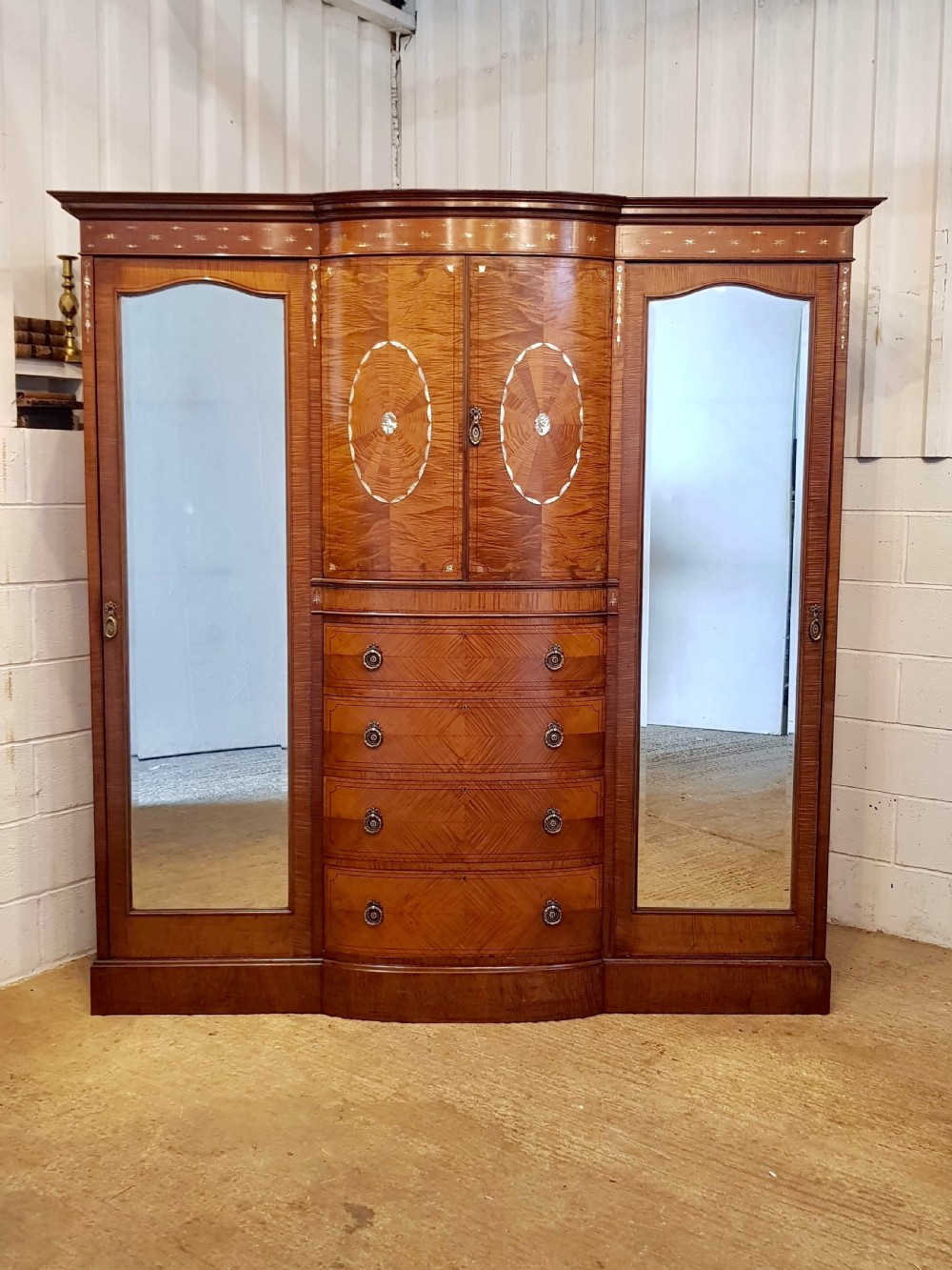 ANTIQUE EDWARDIAN INLAID SATIN WALNUT BOWED BREAKFRONT TRIPLE WARDROBE C1900 View V