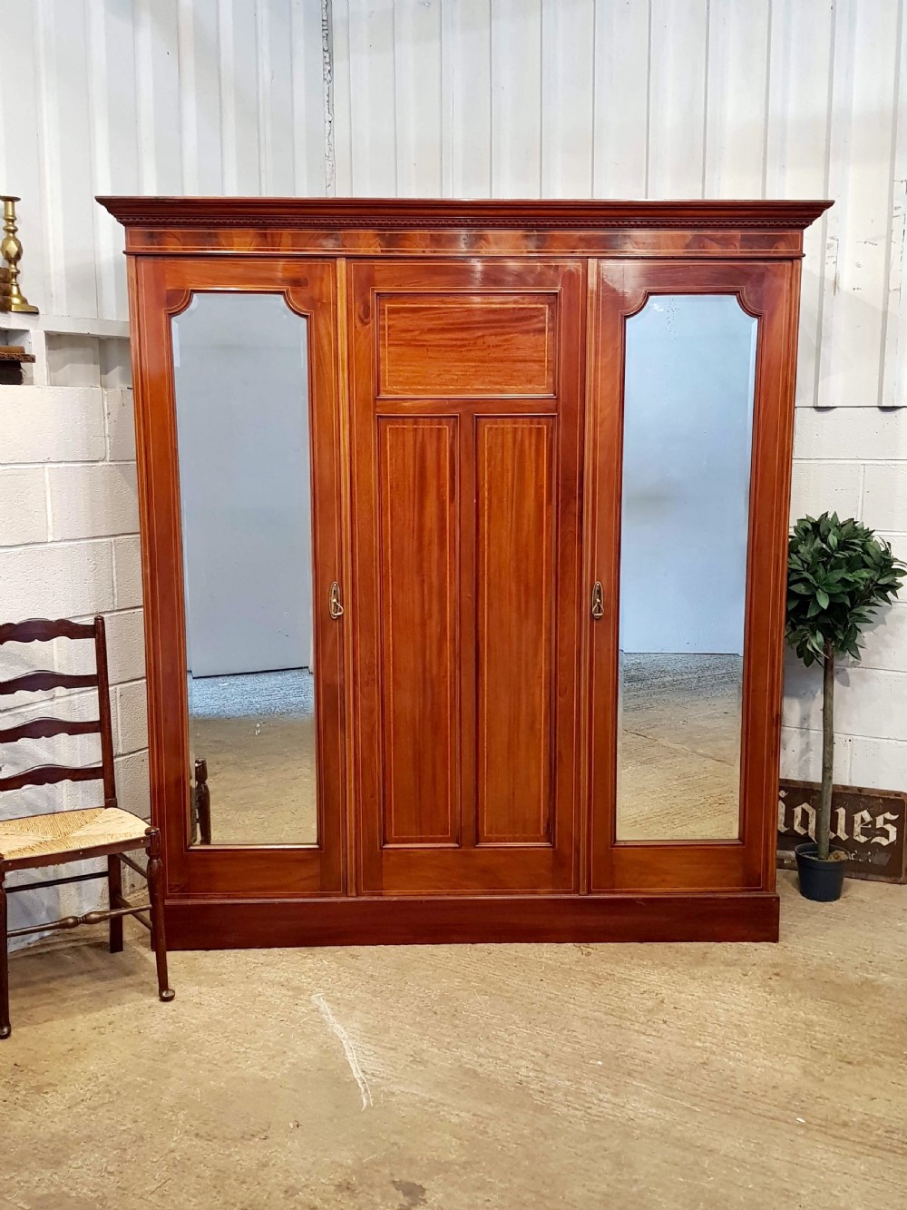 ANTIQUE EDWARDIAN INLAID MAHOGANY TRIPLE WARDROBE C1900