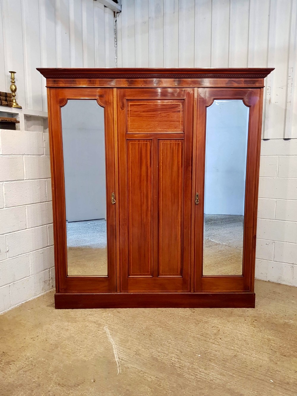 ANTIQUE EDWARDIAN INLAID MAHOGANY TRIPLE WARDROBE C1900 View IV