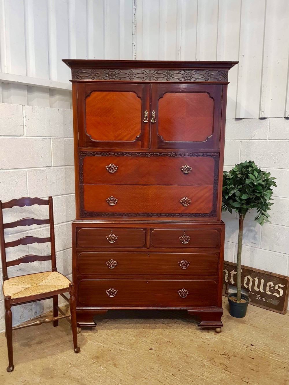 ANTIQUE EDWARDIAN CHIPPENDALE MAHOGANY CHEST ON CHEST C1900