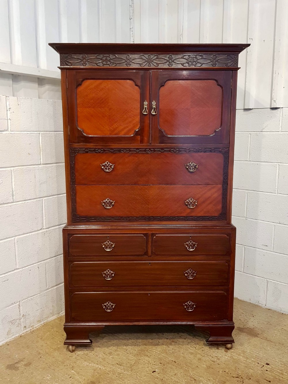 ANTIQUE EDWARDIAN CHIPPENDALE MAHOGANY CHEST ON CHEST C1900 View V