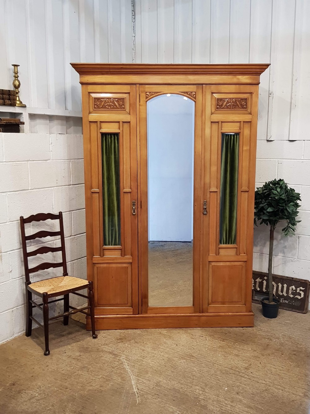 ANTIQUE SMALL ART NOUVEAU ASH TRIPLE WARDROBE C1890