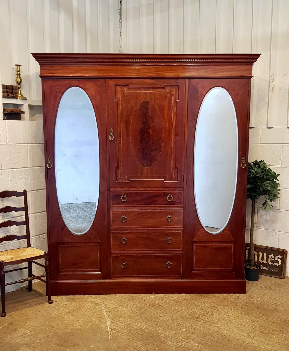 ANTIQUE EDWARDIAN INLAID MAHOGANY TRIPLE WARDROBE COMPACTUM C1900