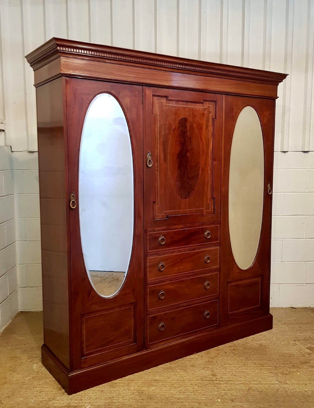 ANTIQUE EDWARDIAN INLAID MAHOGANY TRIPLE WARDROBE COMPACTUM C1900 View V
